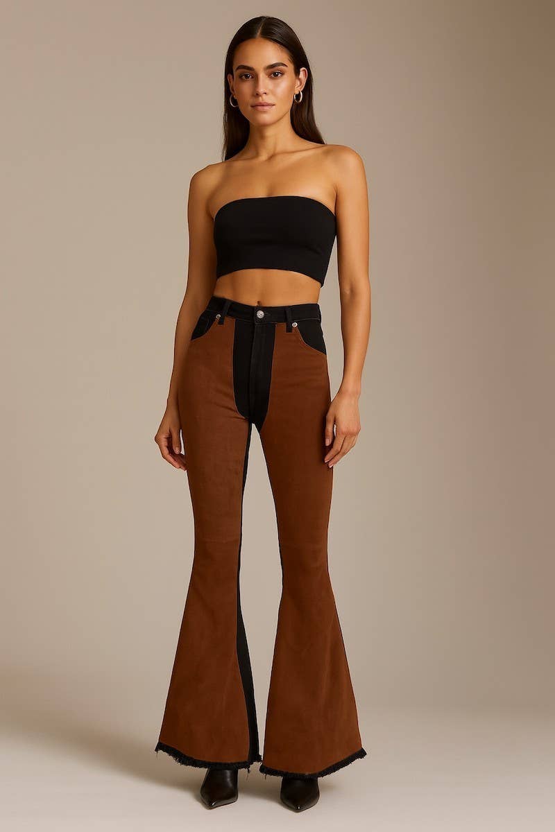 Red Suede Chap Panel Bell Bottom Jeans -32” Inseam
