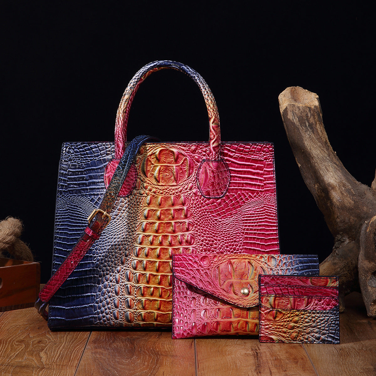 Women's Crocodile-Grain Crossbody Tote Bag Set - 3-Piece Premium PU Leather Handbag Collection