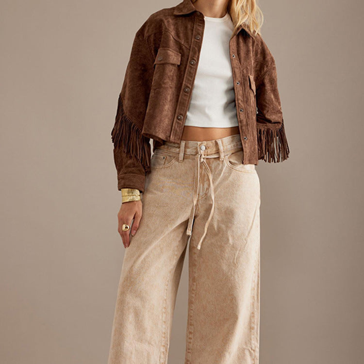 Brown Jacket With A Lapel Tassel Detailing, And Long Sleeves