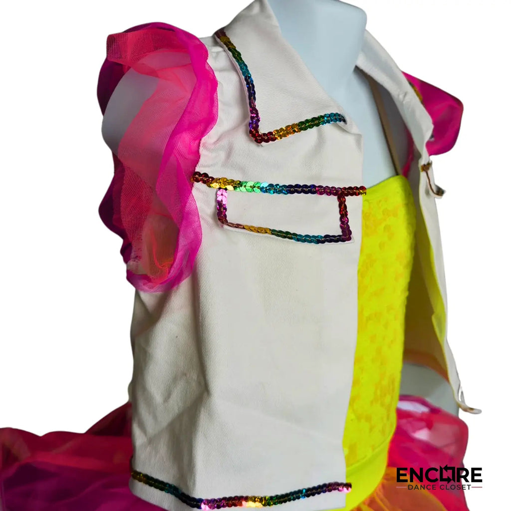 Yellow Sequin Dress with Tutu and White Jacket