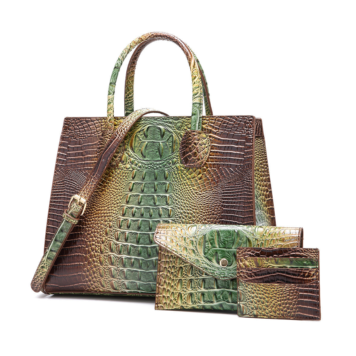 Women's Crocodile-Grain Crossbody Tote Bag Set - 3-Piece Premium PU Leather Handbag Collection