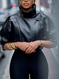 Black Lychee Grain Faux Leather Stand Collar Puff Sleeve Cropped Jacket