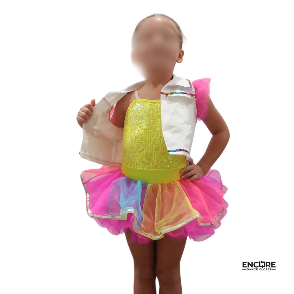 Yellow Sequin Dress with Tutu and White Jacket
