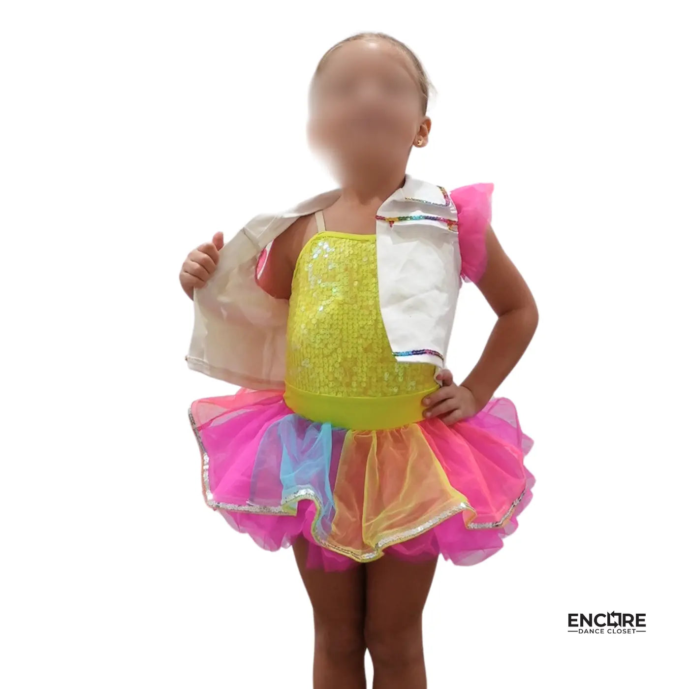 Yellow Sequin Dress with Tutu and White Jacket