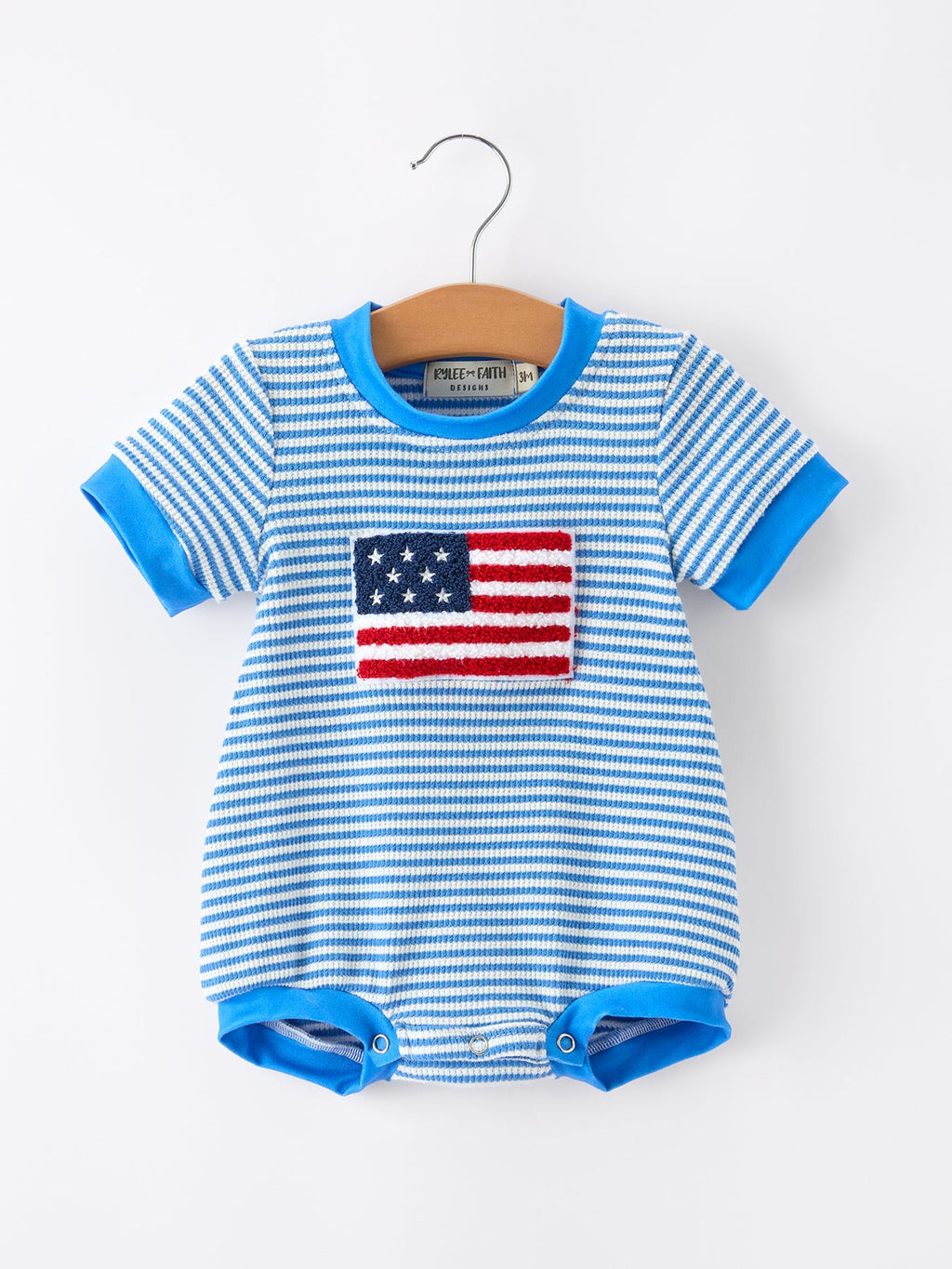 4th of July Flag Chenille Baby Boy Romper Blue Stripe