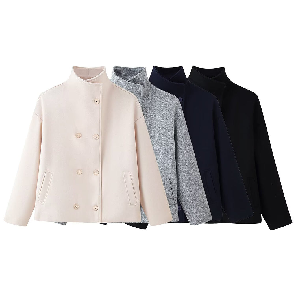 Womens Autumn Fashion Design Short Wool Coat With A Stand Collar And Double-Breasted Buttons