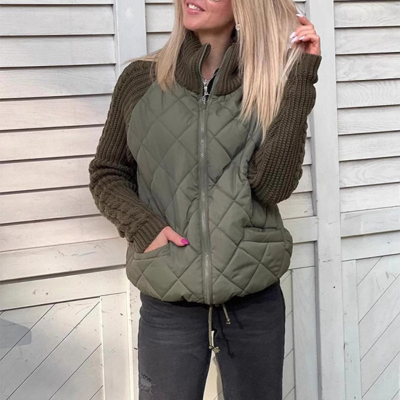 Winter Stand Collar Cotton Jacket With Pockets Fashion Knitted Stitching Zipper Coat Warm Tops For Women Clothing
