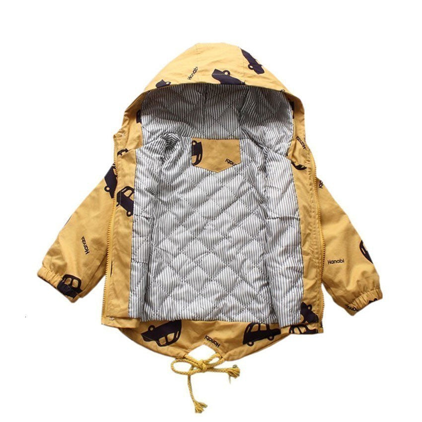 Children's Cotton-padded Coat Boys' Winter Children's Clothing Korean-style All-printed Car Jacket Girls' Cartoon Hooded Zipper Shirt