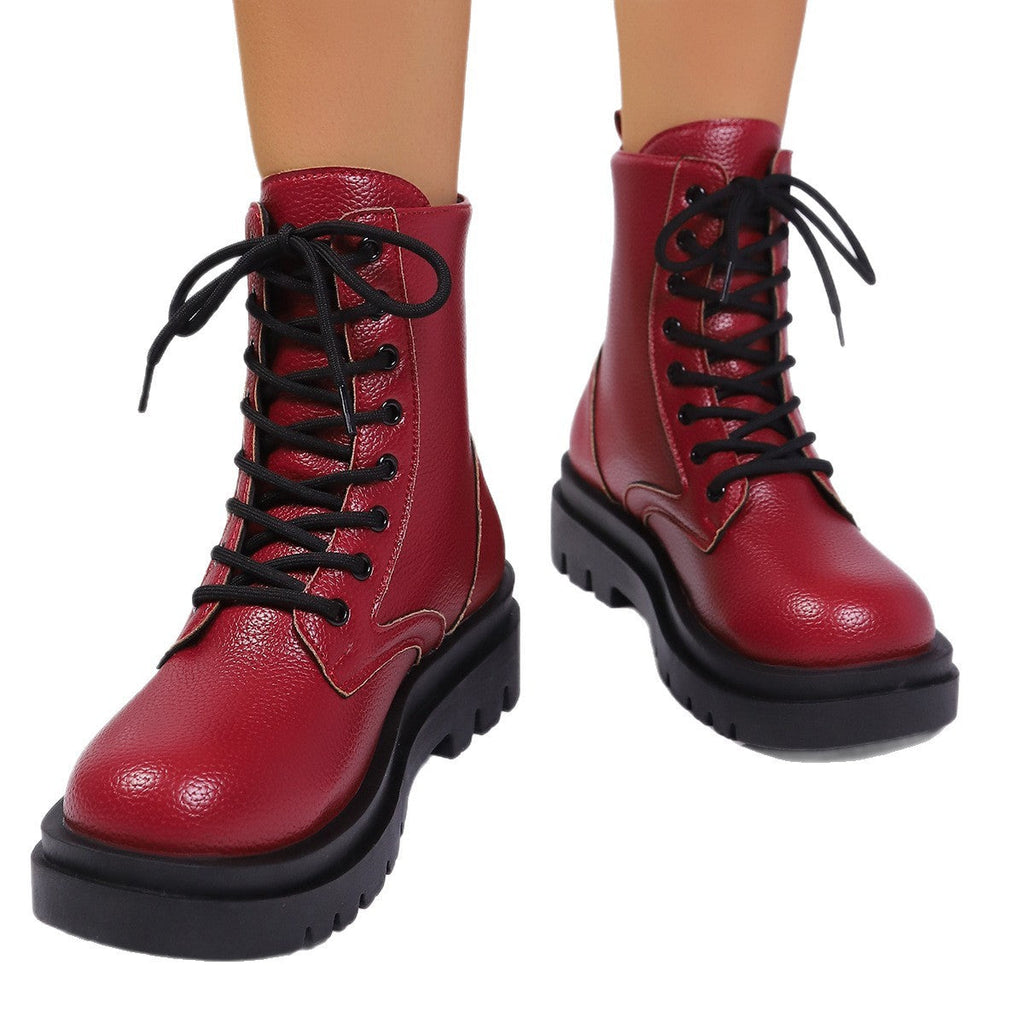 Women's Lace Up Round Toe Platform Leather Martin Boots