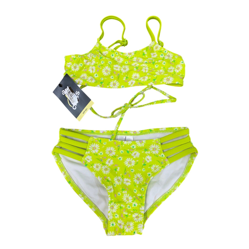 New Art Class Girls XS (4/5) UPF 50+ Neon Yellow Floral Bikini 2PC Swimsuit
