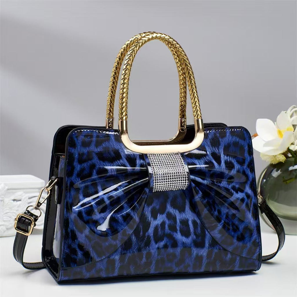 Hot-stone Embellished Fashionable Versatile Chic Leopard-print Womens Bag