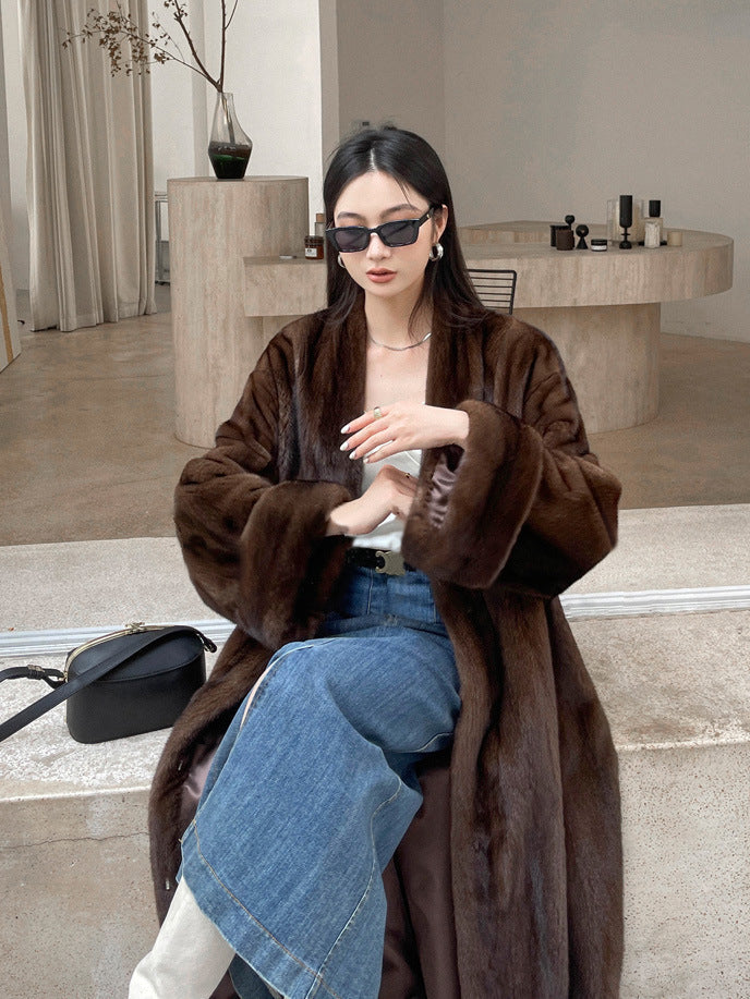 Vintage Mink Coat  Caramel Color V-neck Elongated Style Women's