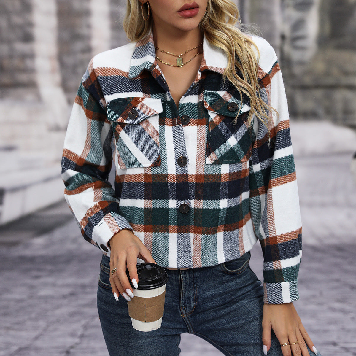Autumn And Winter New Fashion Casual Pocket Plaid Women's Woolen Short Coat