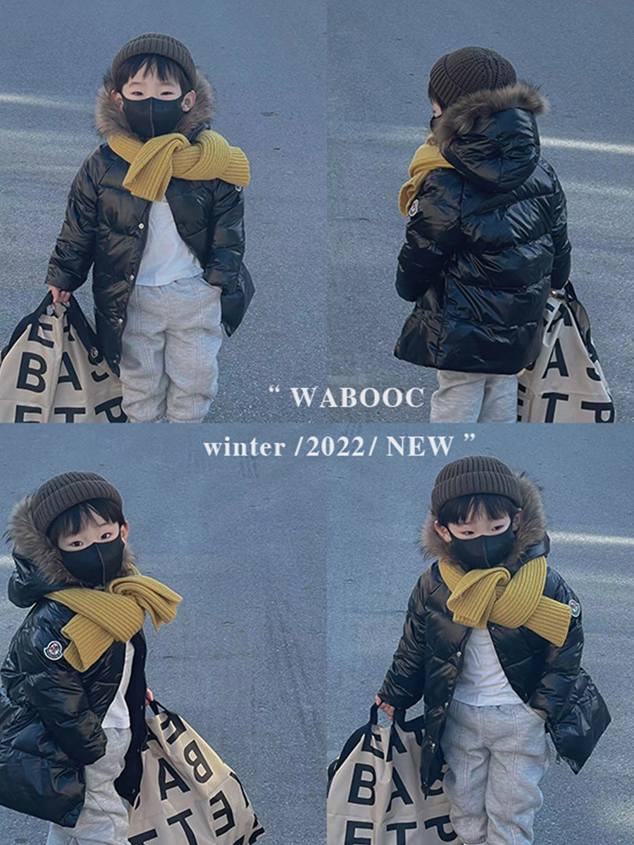 Autumn And Winter Children's Down Jacket Mid-length Big Fur Collar Thick Down Coat Glossy Winter Children's Clothing Wholesale