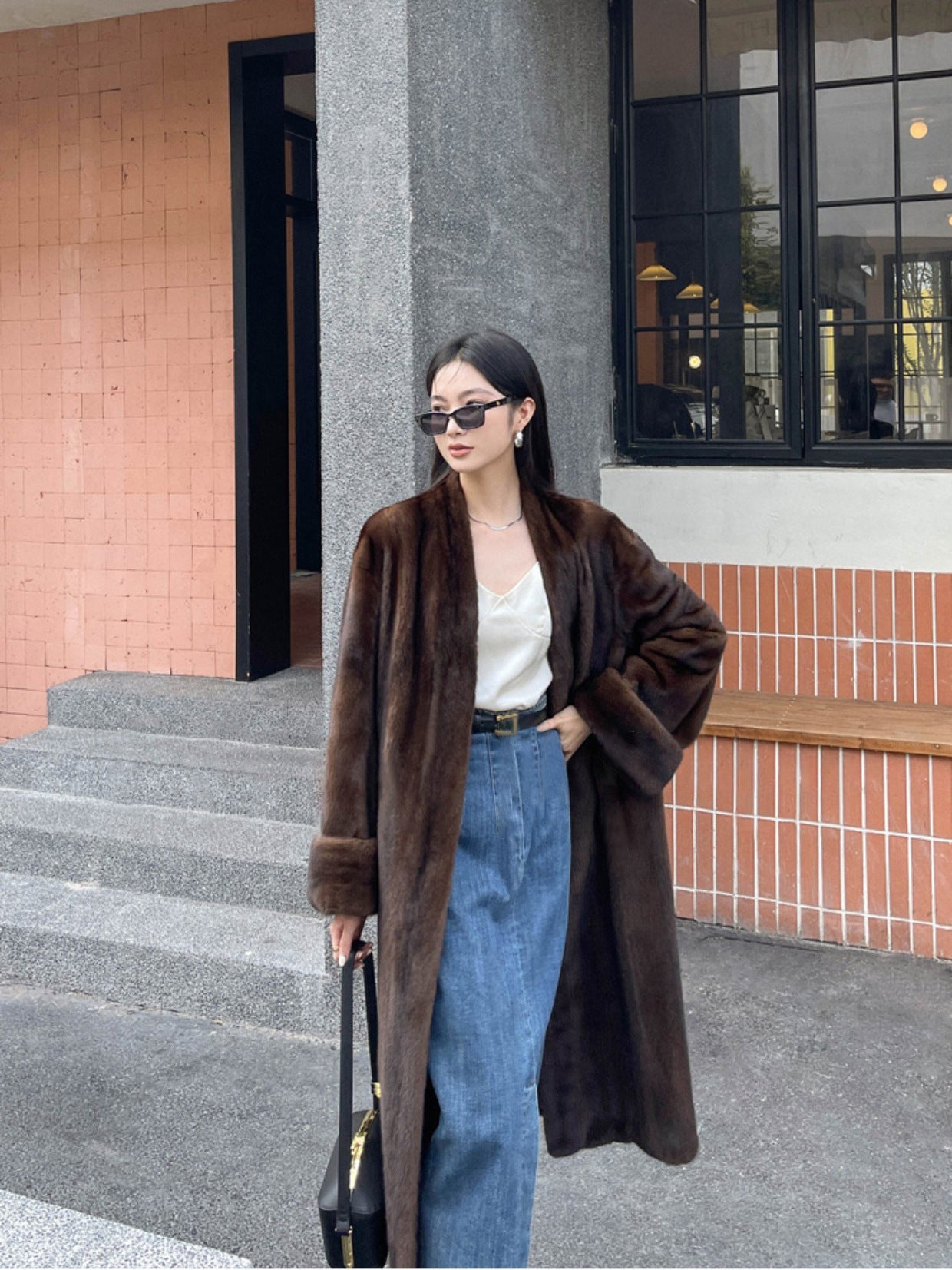 Vintage Mink Coat  Caramel Color V-neck Elongated Style Women's