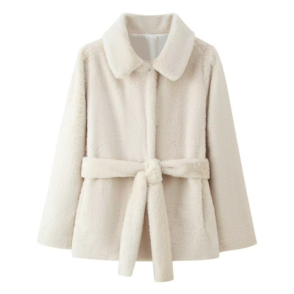 Lapel Women's Casual Slim-fit Solid Color Belt-effect Faux Fur Coat