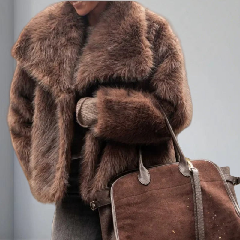 Women's Pure Color Versatile Faux Fur Collar Long Sleeve Coat Plus Size Outerwear