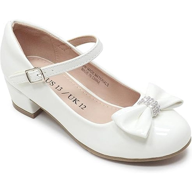 Girls Size 3 Flower Girl White Low Heel Rhinestone Bow Dress Wedding Shoes