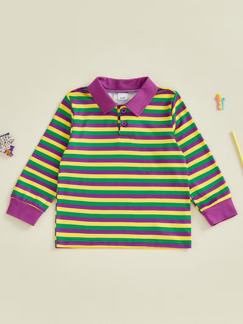 Mardi Gras Carnival T Shirt Long Sleeve Turn Collar Striped Contrast Color Tops Comfortable Casual Pullover