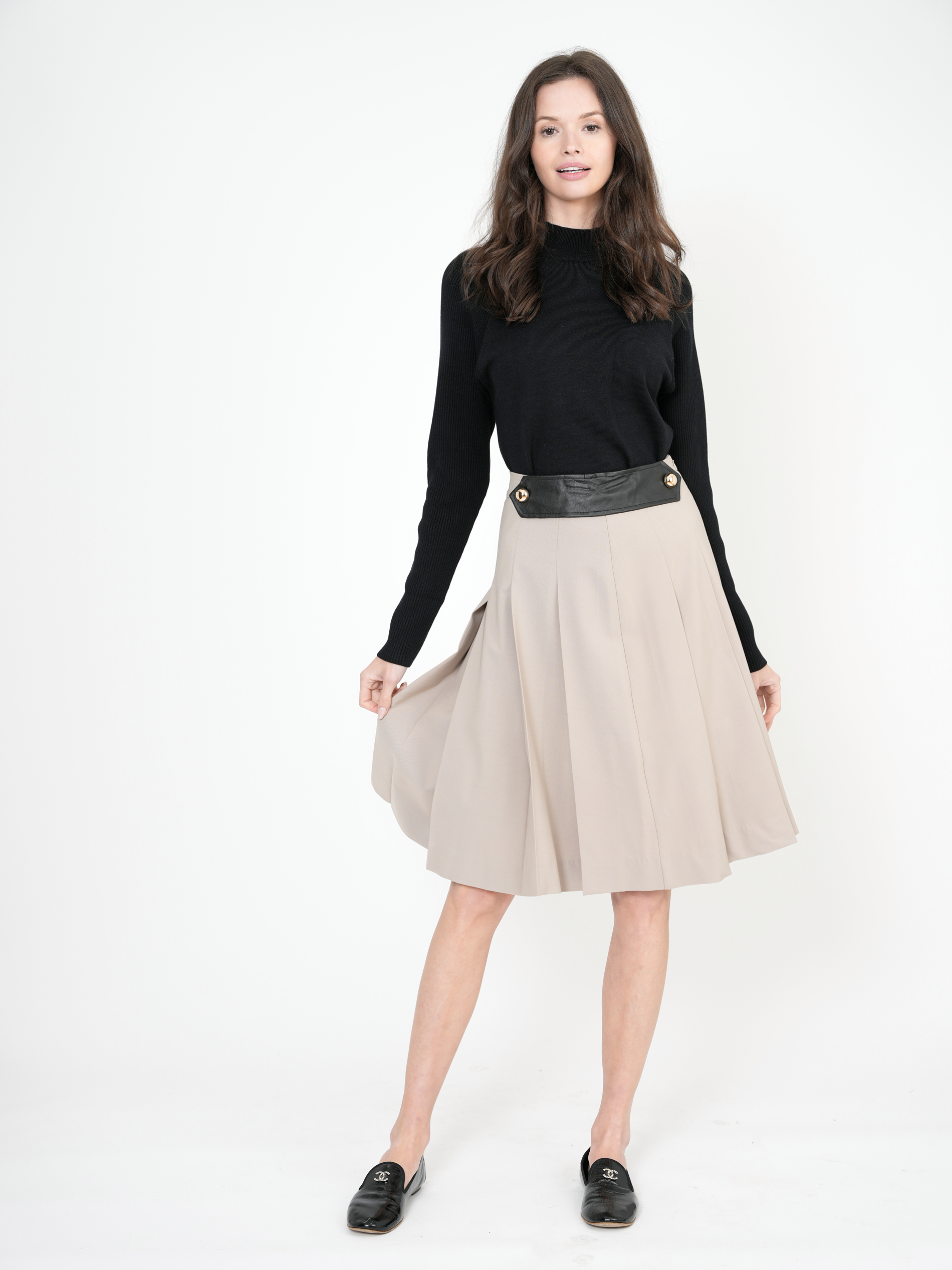 Pleated Skirt With Black Leather Tab