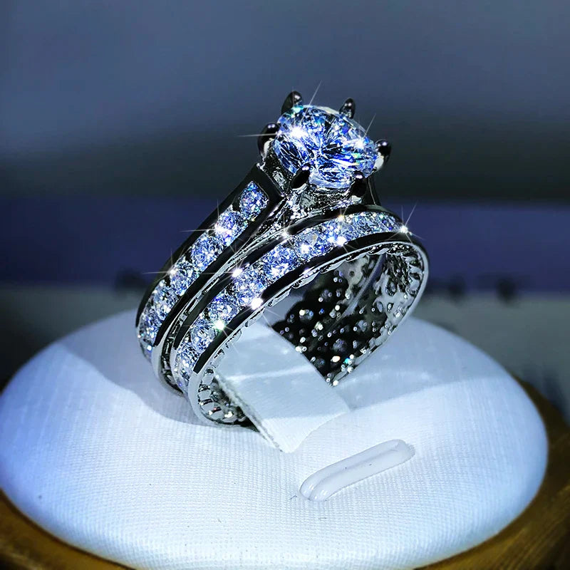 925 Silver Luxury Engagement Rings for Women 2Pcs/Set | Shiny Zircon Two Tone Elegant Jewelry