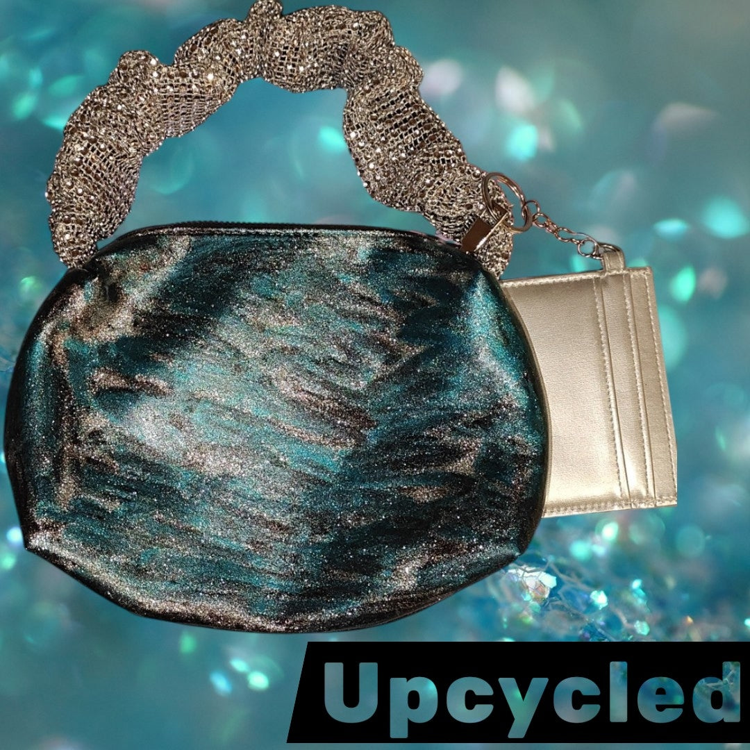 Black, Teal, and Sparkle Upcycled Purse with Wallet