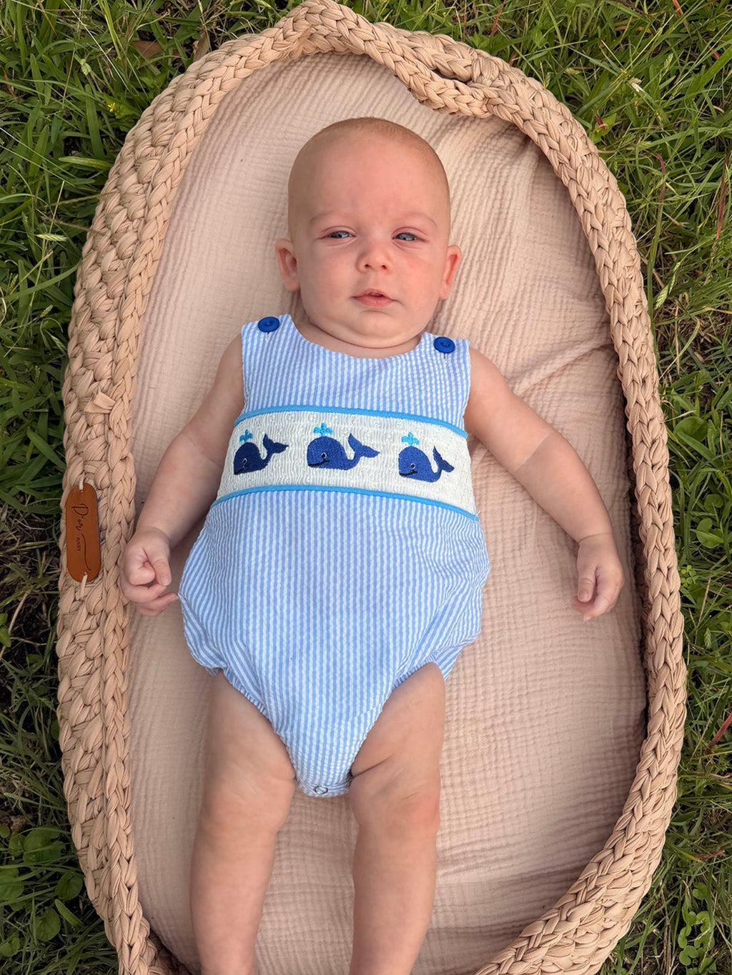 Summer Whale Embroidery Baby Boys Jonjon Stripe Romper