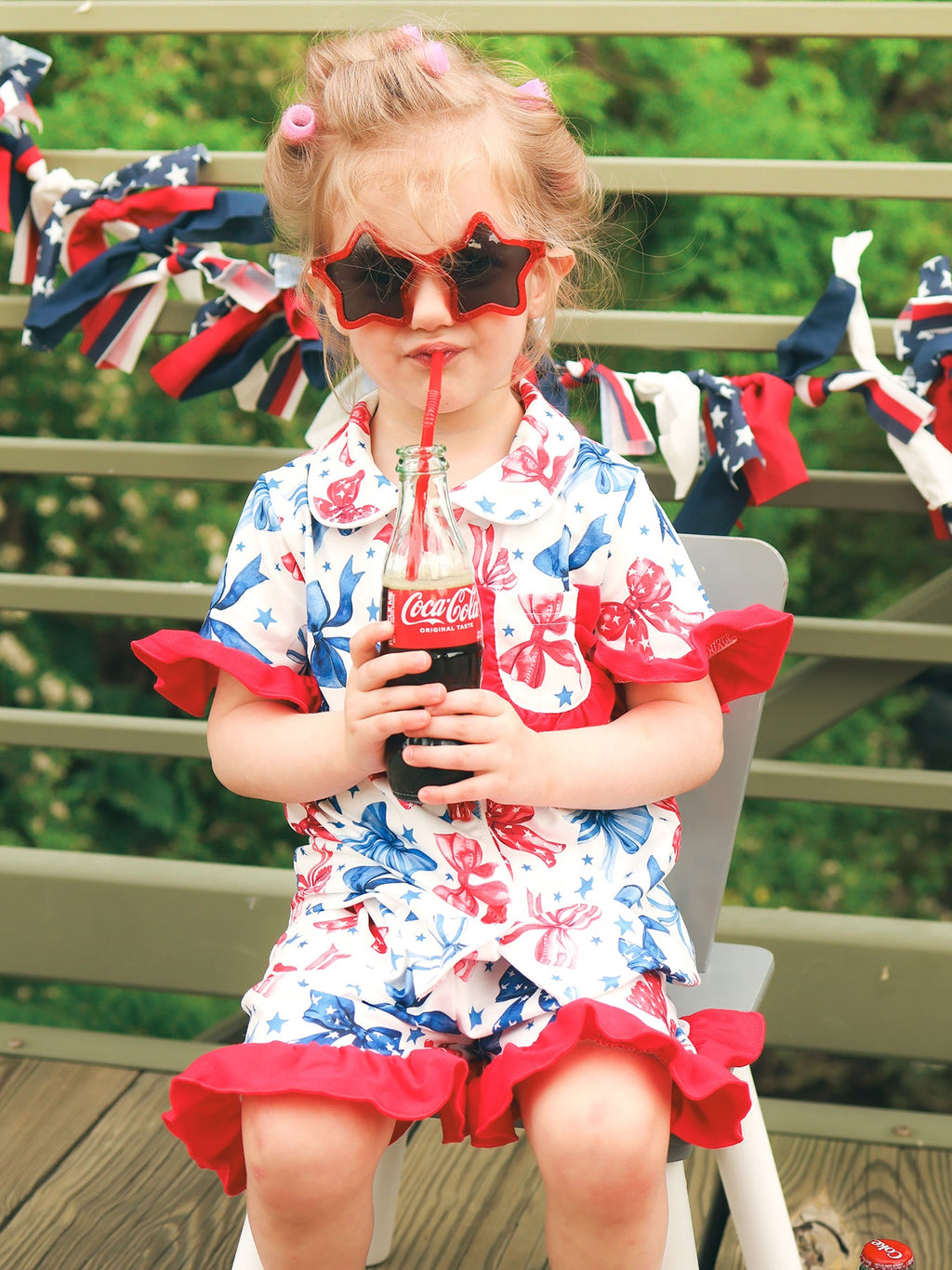 4th Of July Bow Star Girls Pajamas Set