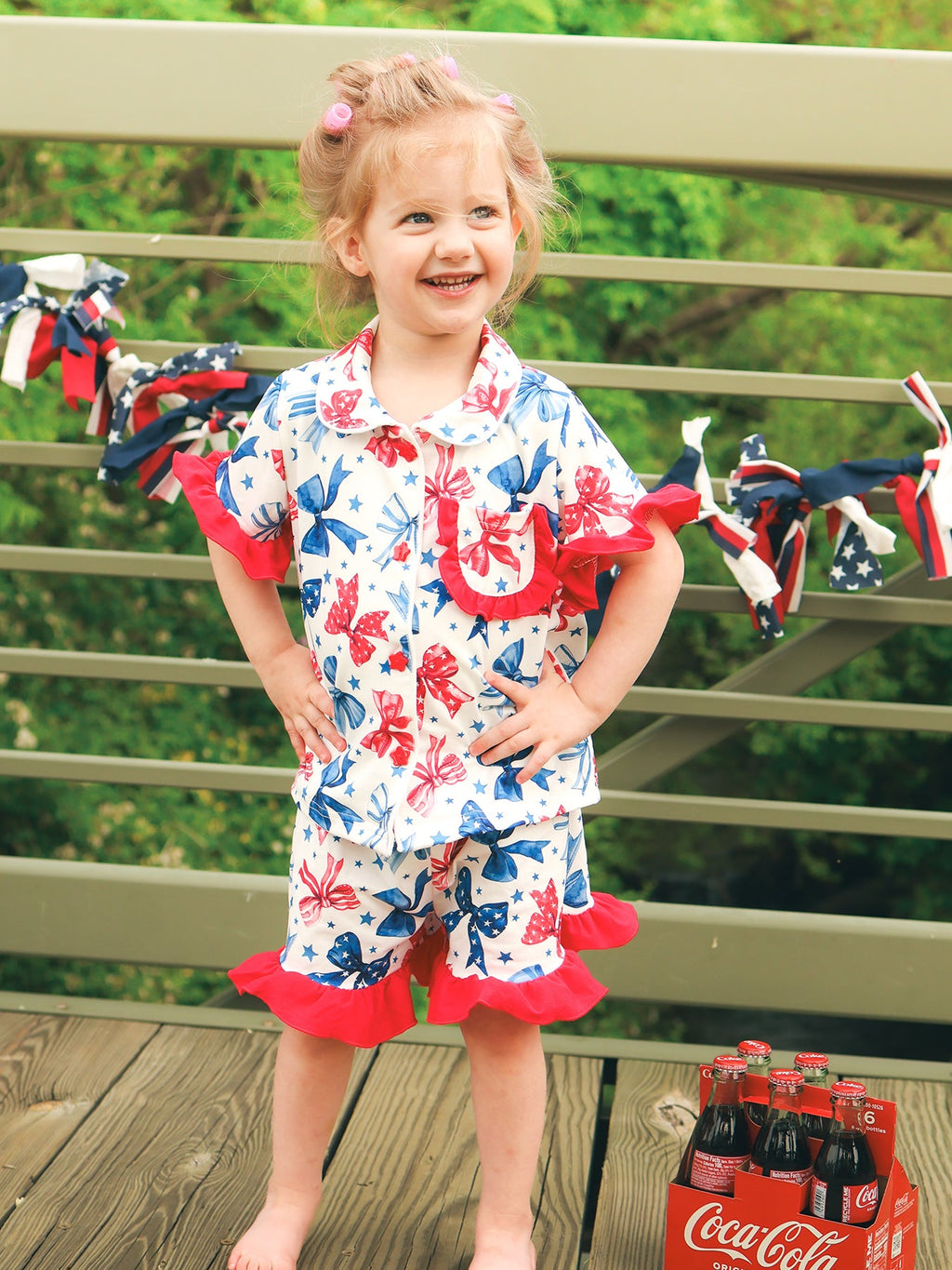 4th Of July Bow Star Girls Pajamas Set