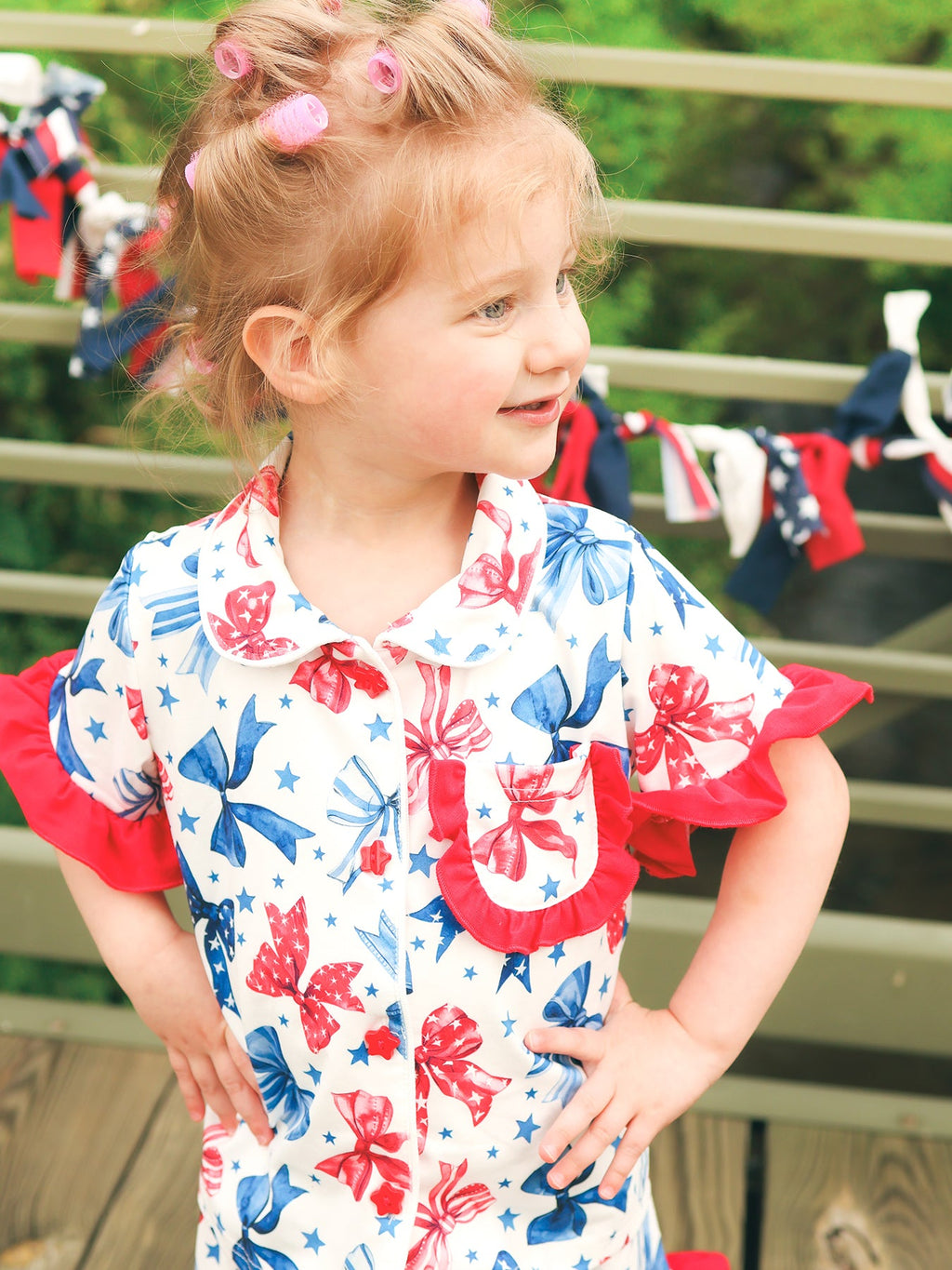 4th Of July Bow Star Girls Pajamas Set