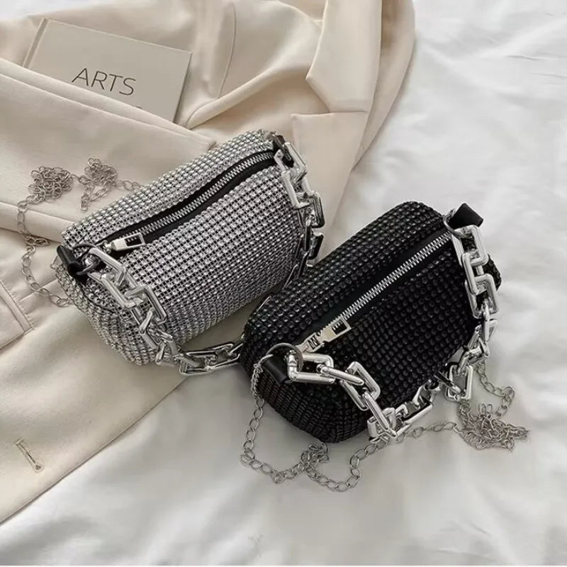 Allover Rhinestone Bucket Bag | Glitter Chain Prom Purse & Women's Mini Crossbody Bag (Sparkling Evening Handbag)