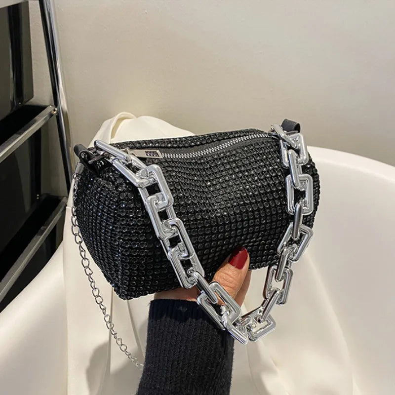 Allover Rhinestone Bucket Bag | Glitter Chain Prom Purse & Women's Mini Crossbody Bag (Sparkling Evening Handbag)