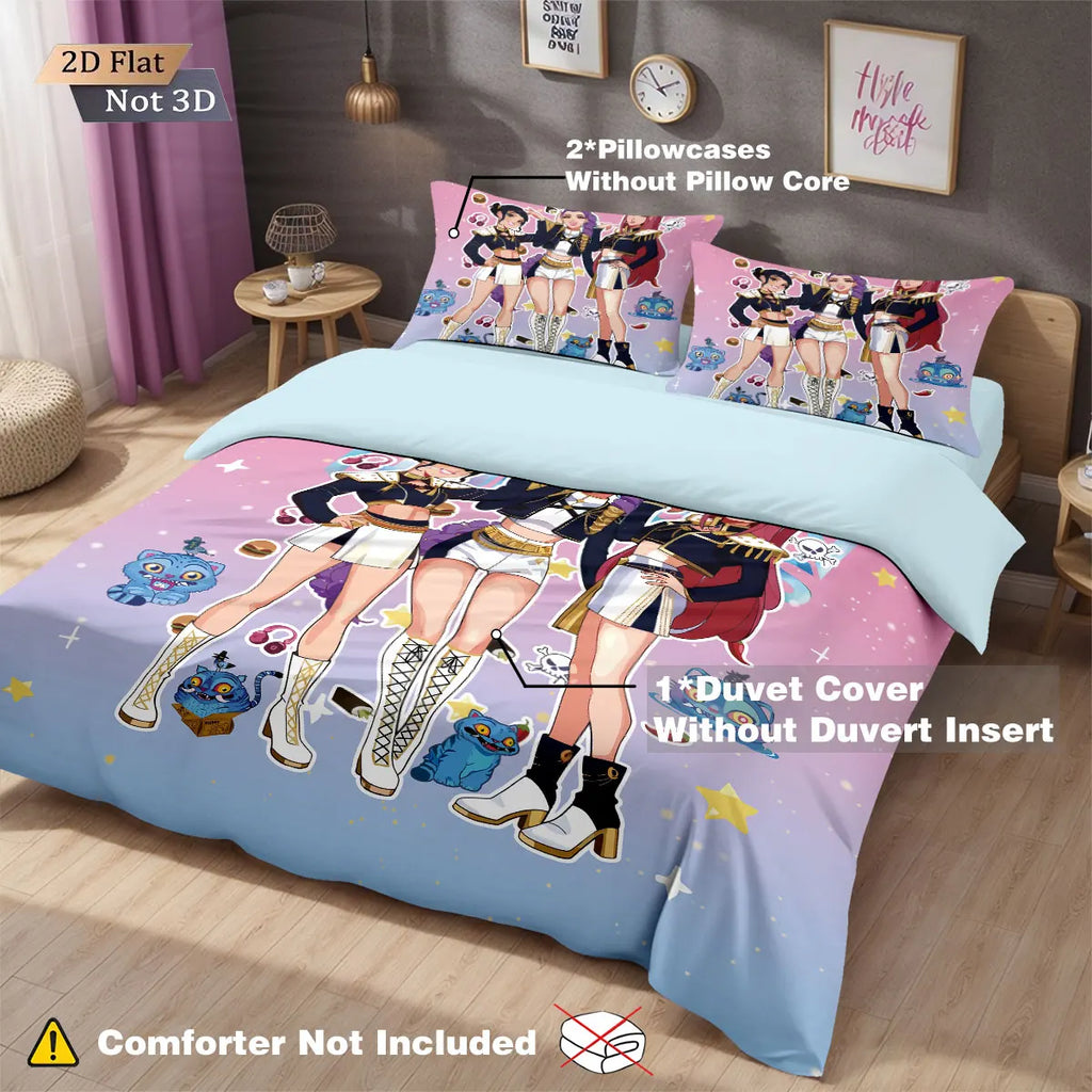 3-Piece K-Pop Demon Hunters Print Bedding Set – Microfiber Duvet Cover + 2 Pillowcases, Multiple Sizes (Twin to King), Machine Washable