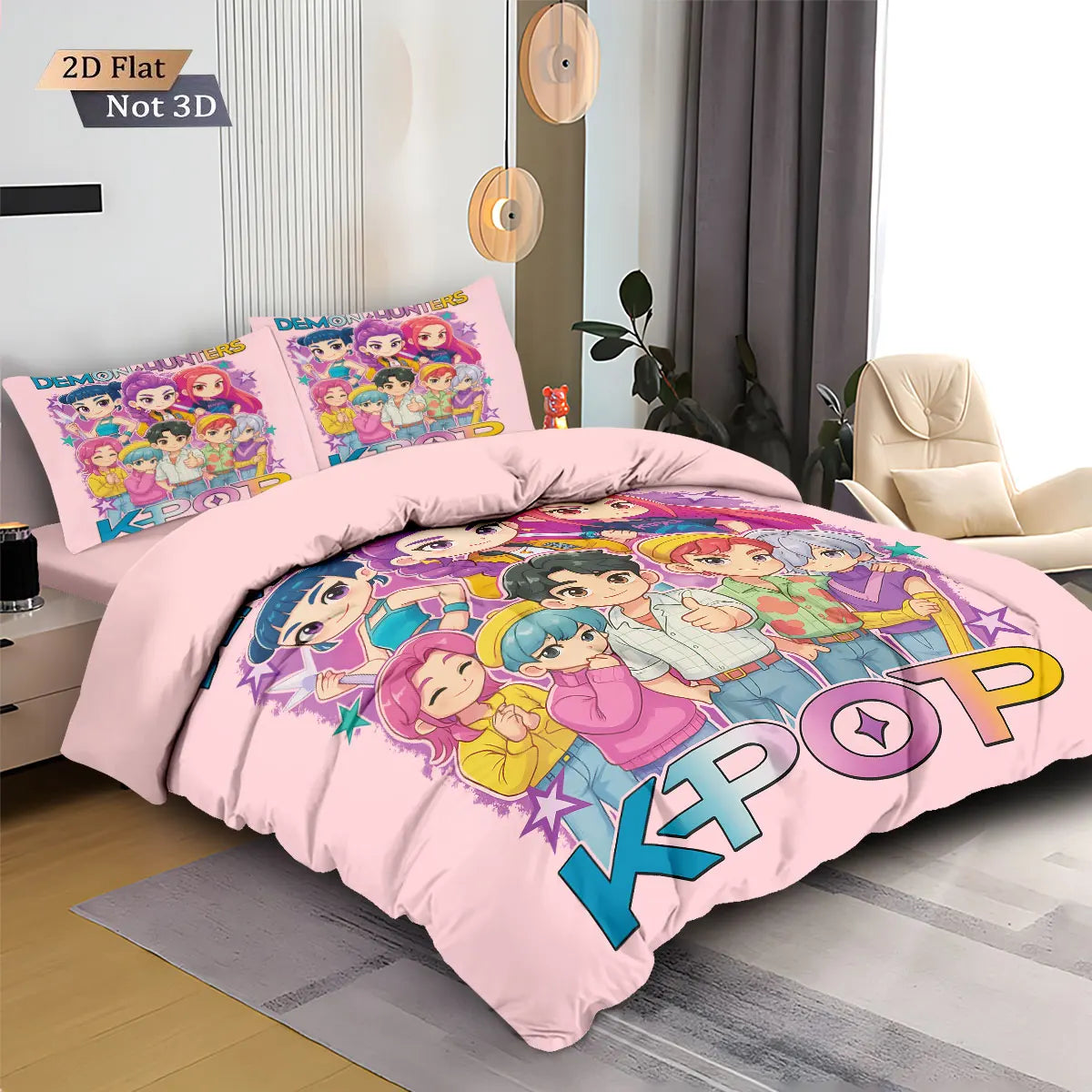 3-Piece K-Pop Demon Hunters Print Microfiber Duvet Cover Set – Multi-Size Bedding for Dorms & Bedrooms, Soft & Machine Washable