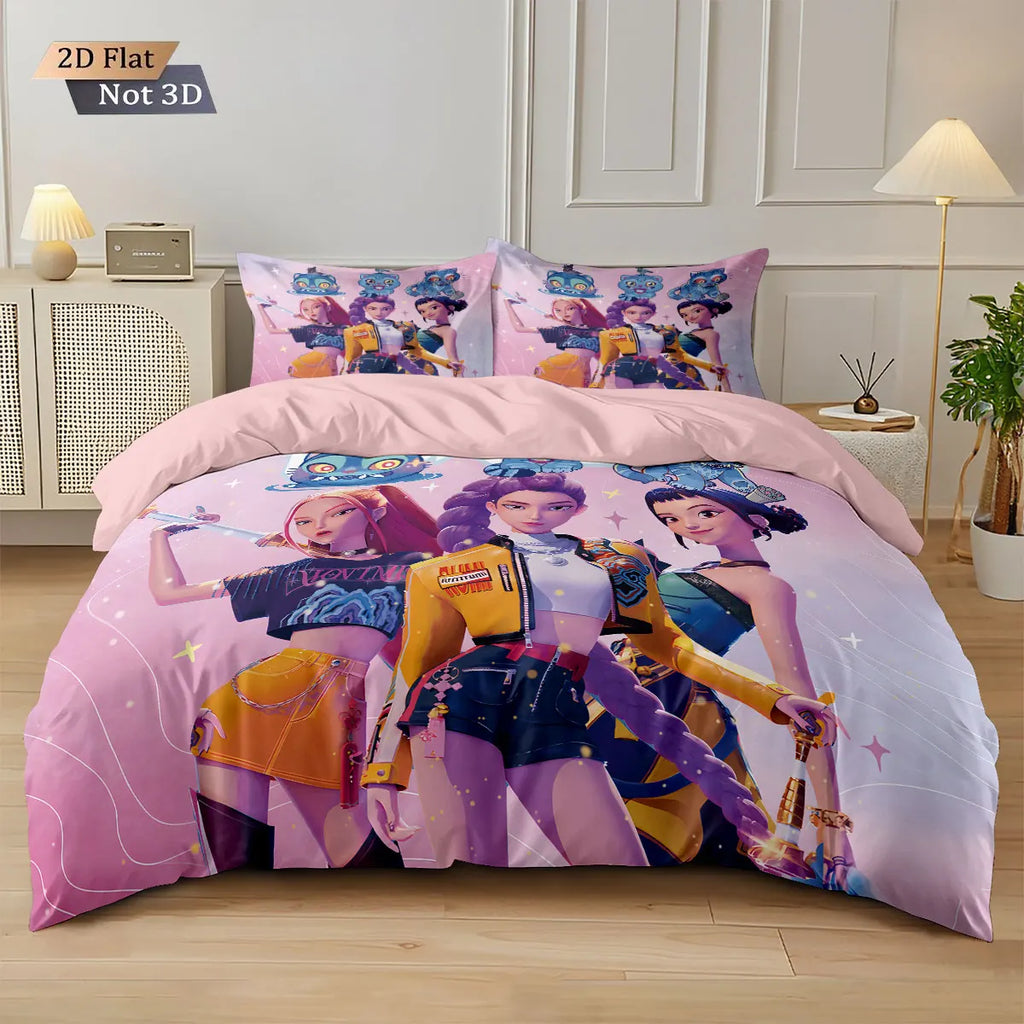 3-Piece K-Pop Demon Hunters Printed Bedding Set – Microfiber Polyester, Machine Washable, Multiple Sizes (1.0–2.8 m / 3.3–9 ft)