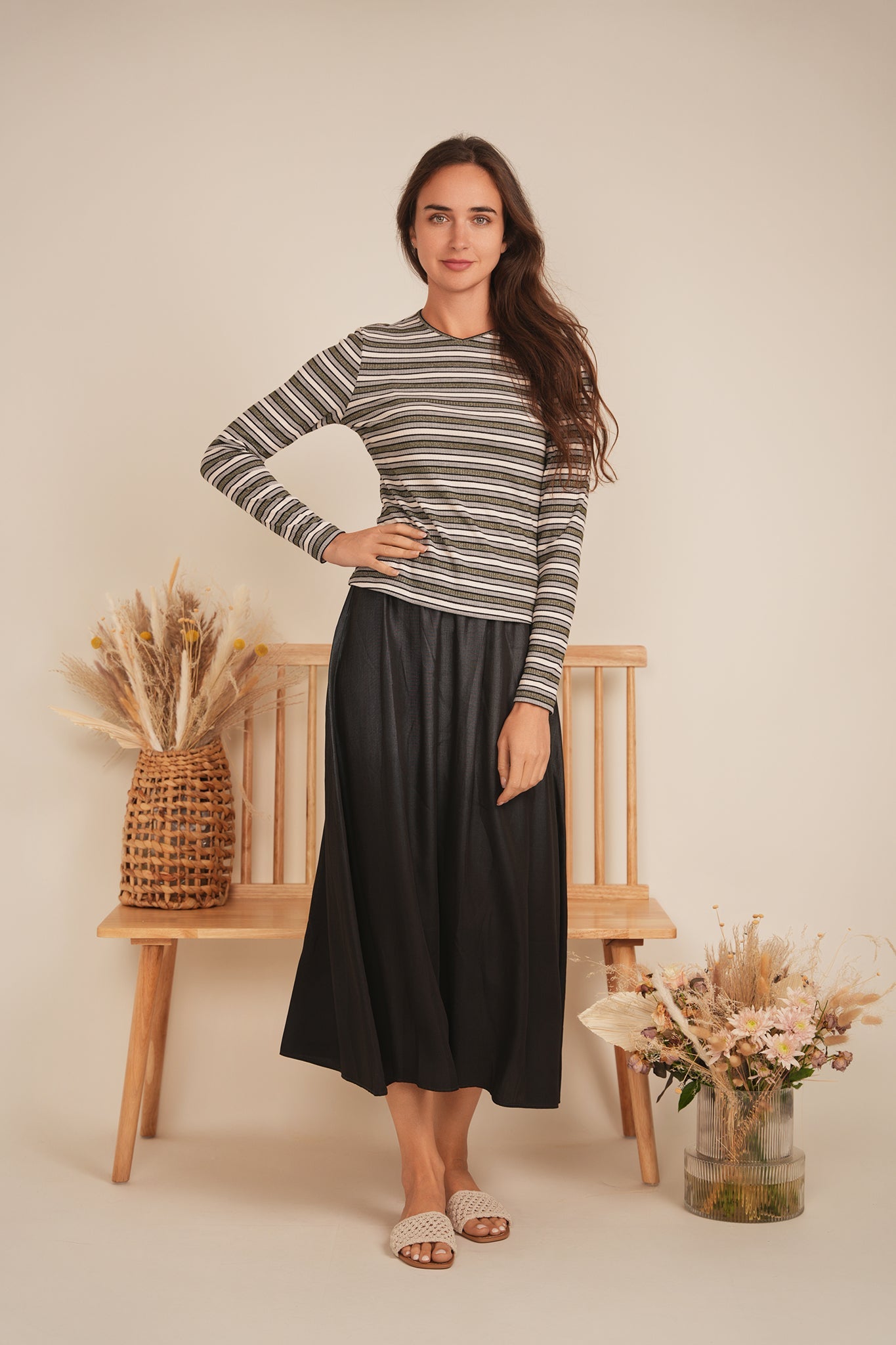 Striped Metalic V Neck Tee