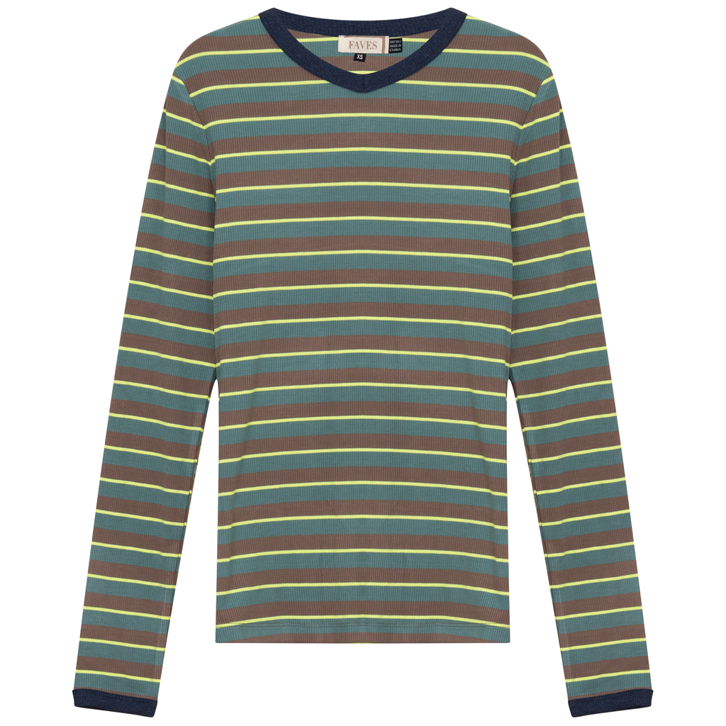 Ribbed Stripped V Neck Tee