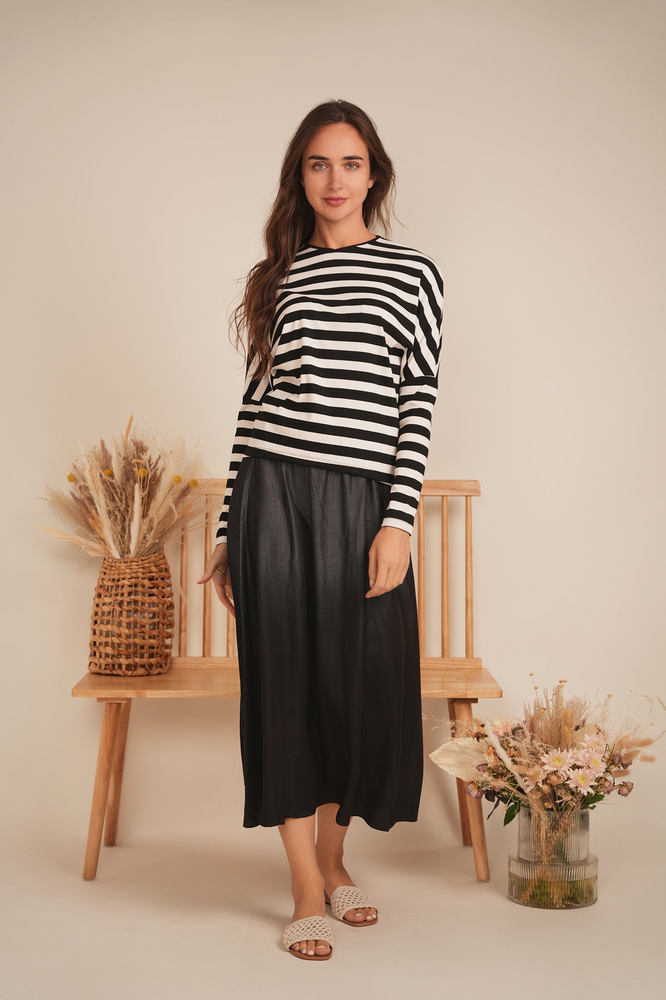 Cotton Striped V Neck Top
