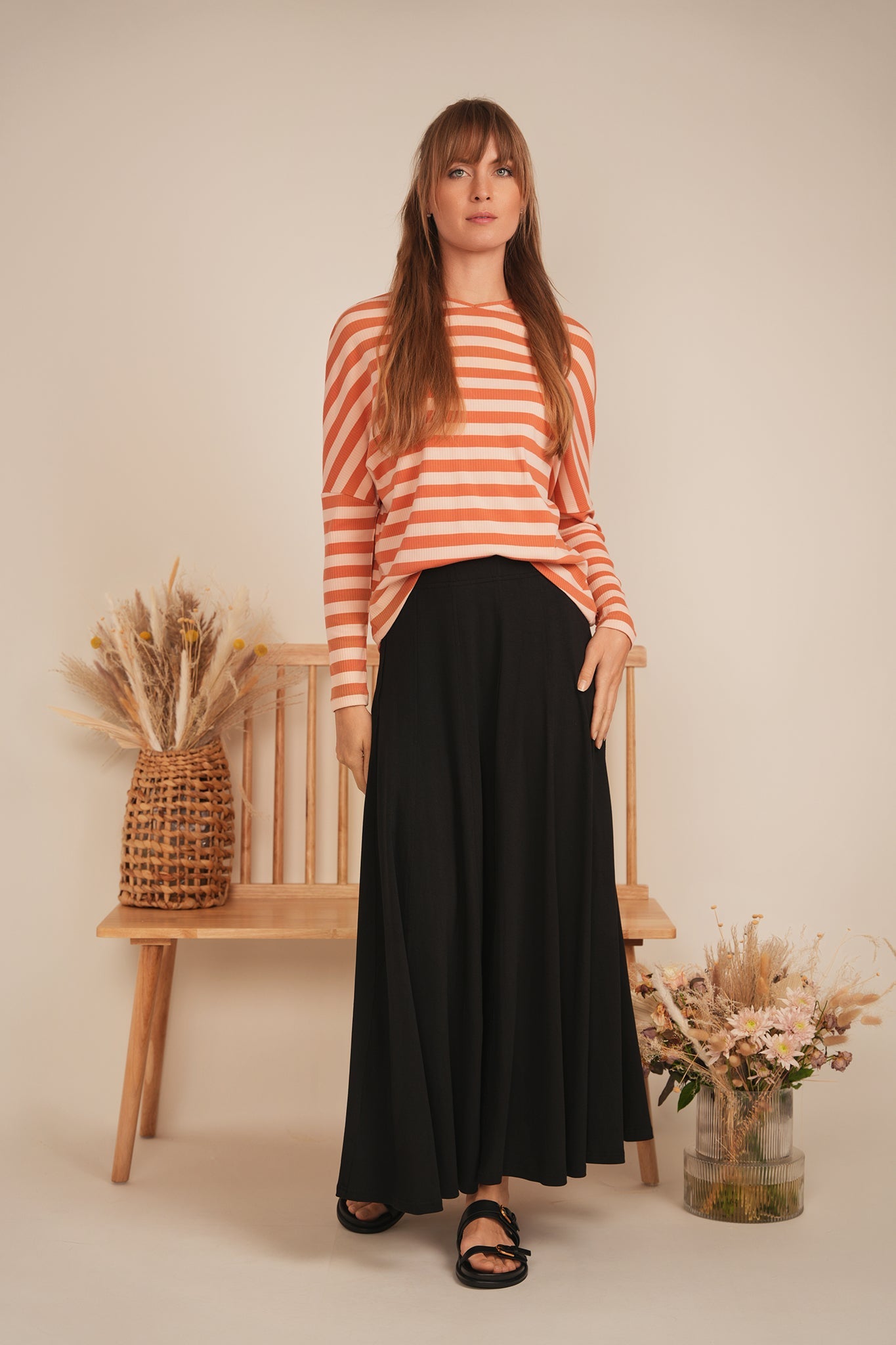 Cotton Striped V Neck Top