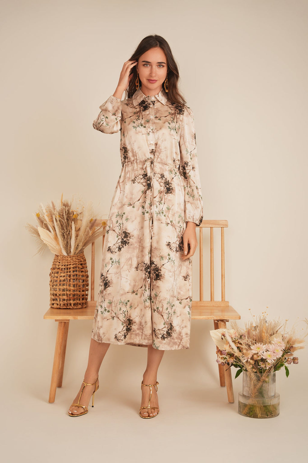 Printed Satin Belted Shirt Dress