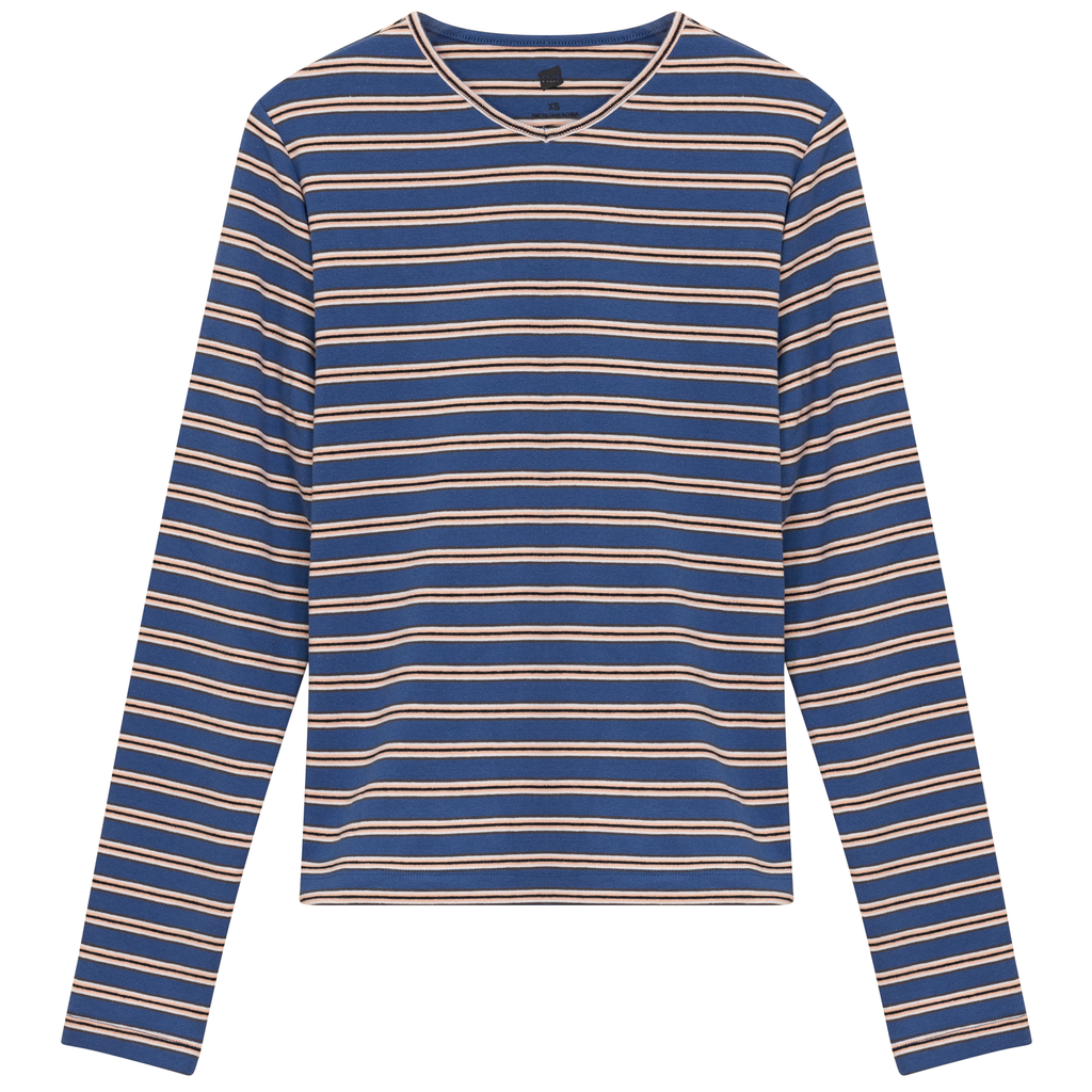 Ribbed Striped V Neck Tee With Bungee Rope