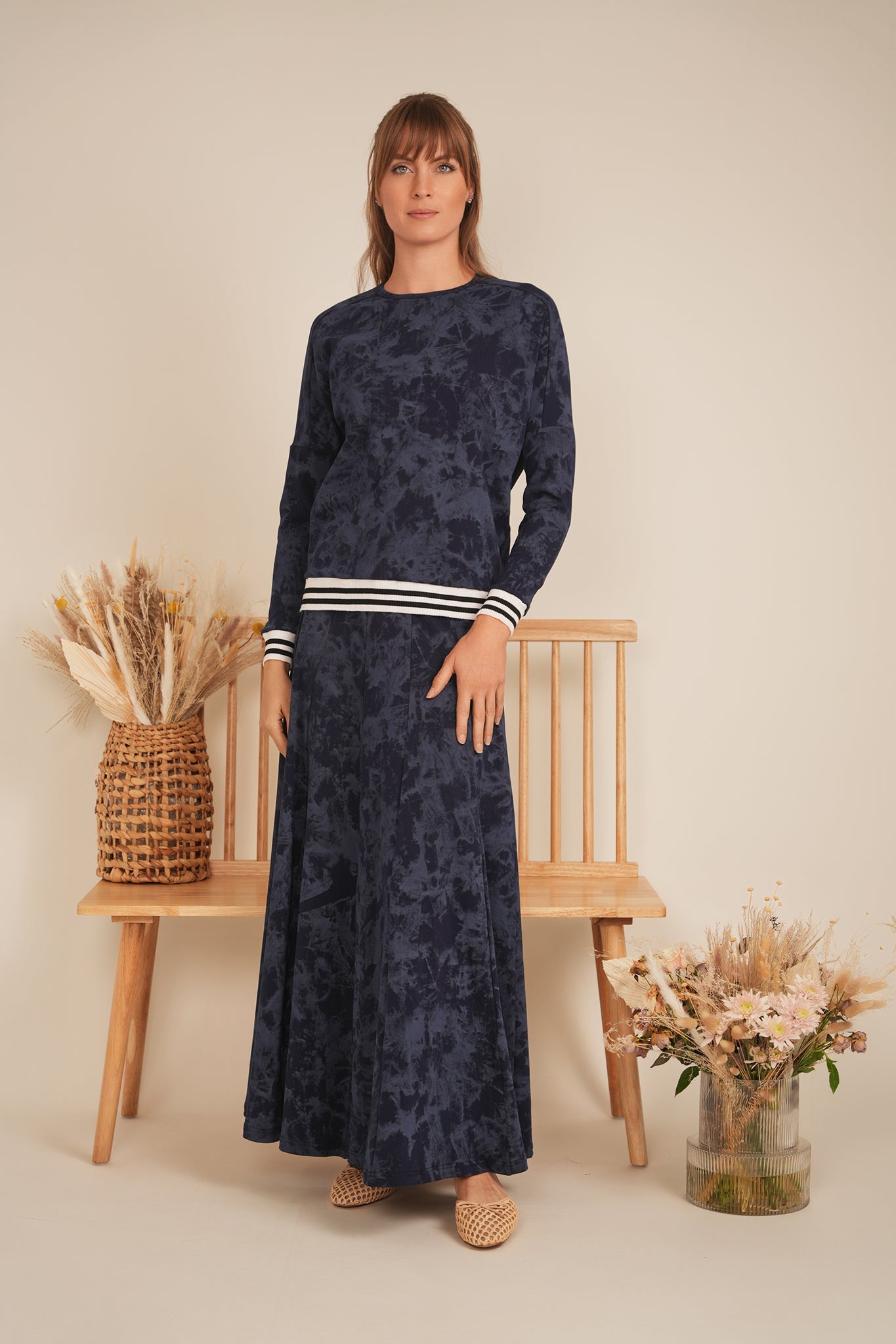 Paneled Acid Wash Maxi Skirt