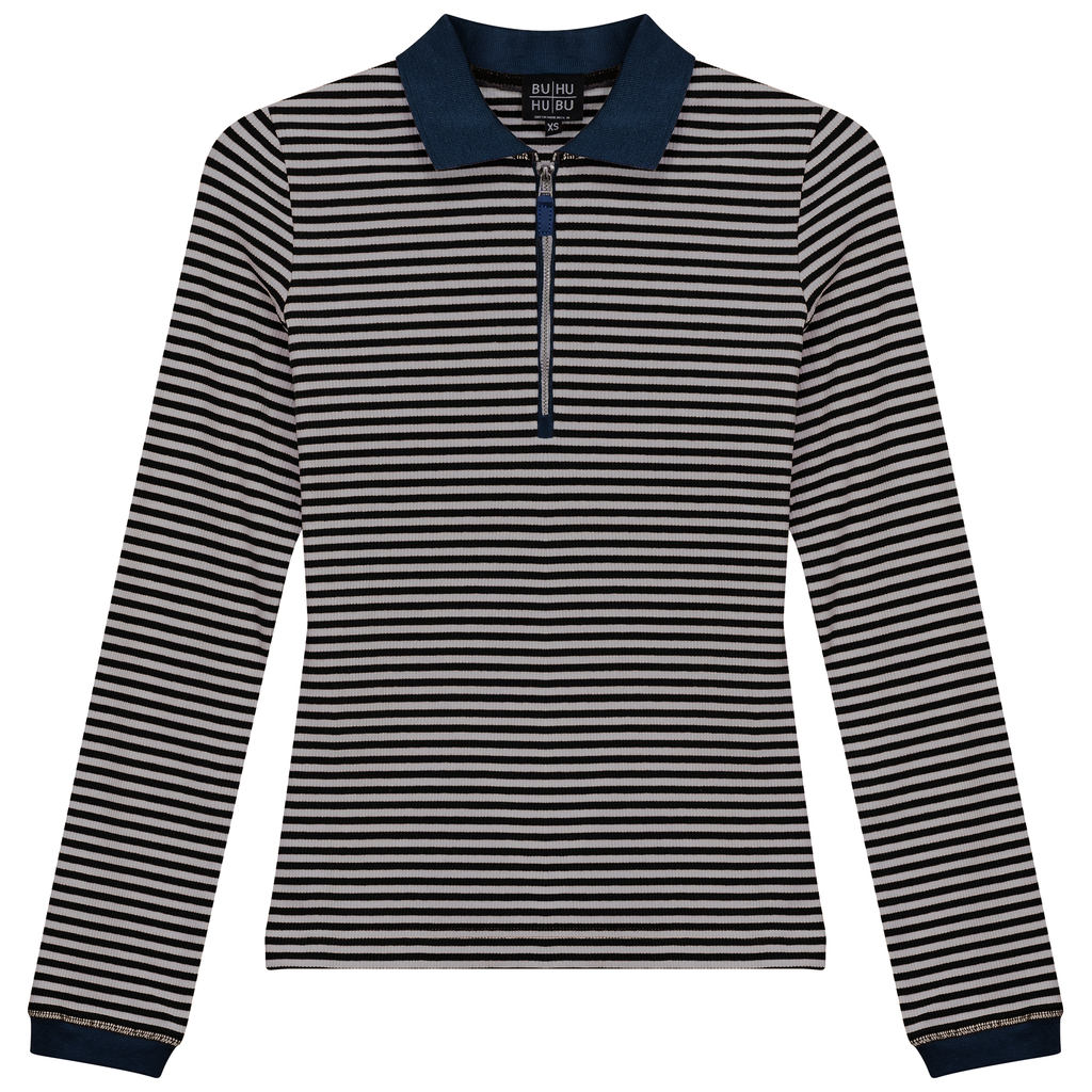 Stripped Ribbed Zipper Henley Tee