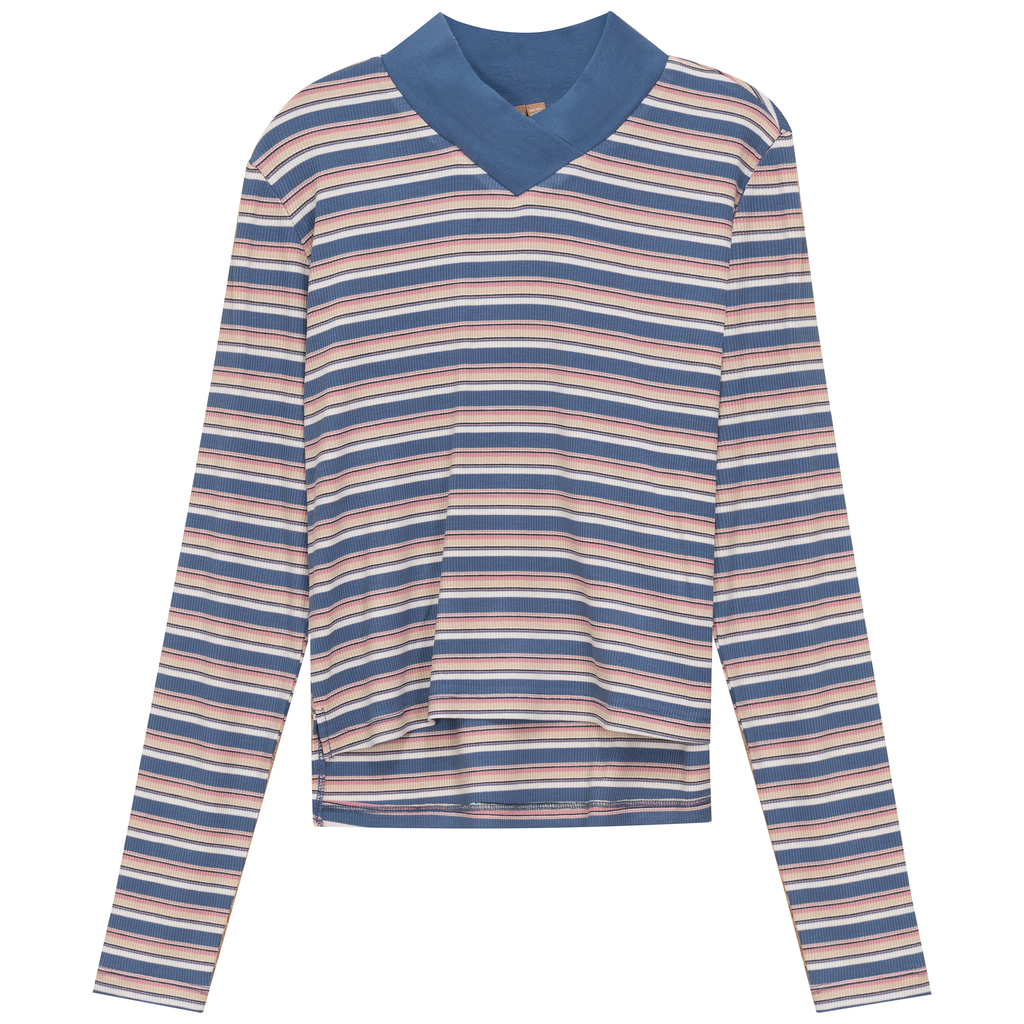 Cropped Striped V Neck Tee