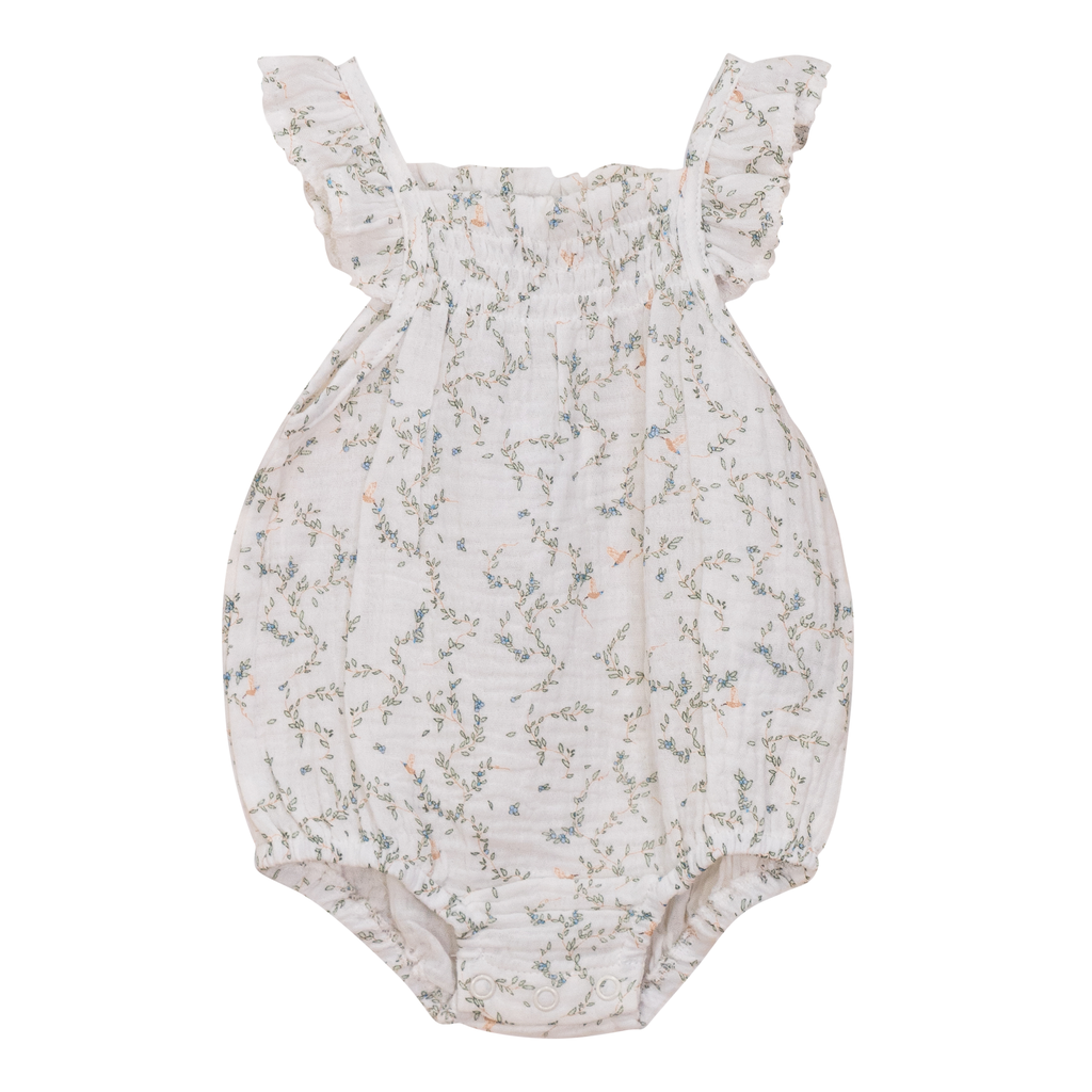 Crinkle Leaves and Bird Print Romper