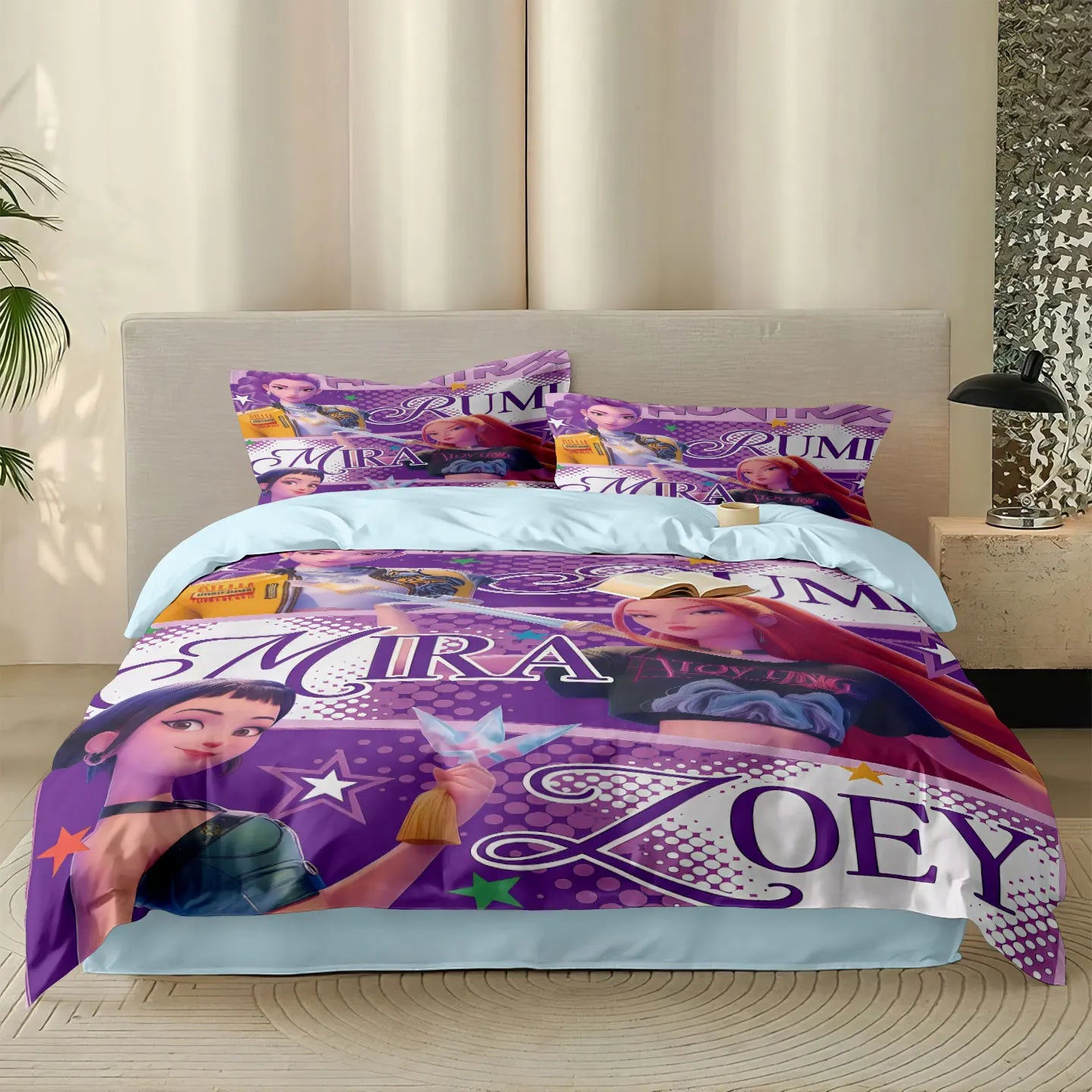 3-Piece K-Pop Cartoon Demon Hunters Girl Group Print Duvet Cover Set, Soft Microfiber, Machine Washable — Multiple Sizes 1.0–2.8m (39–110 in / 3.3–9 ft)