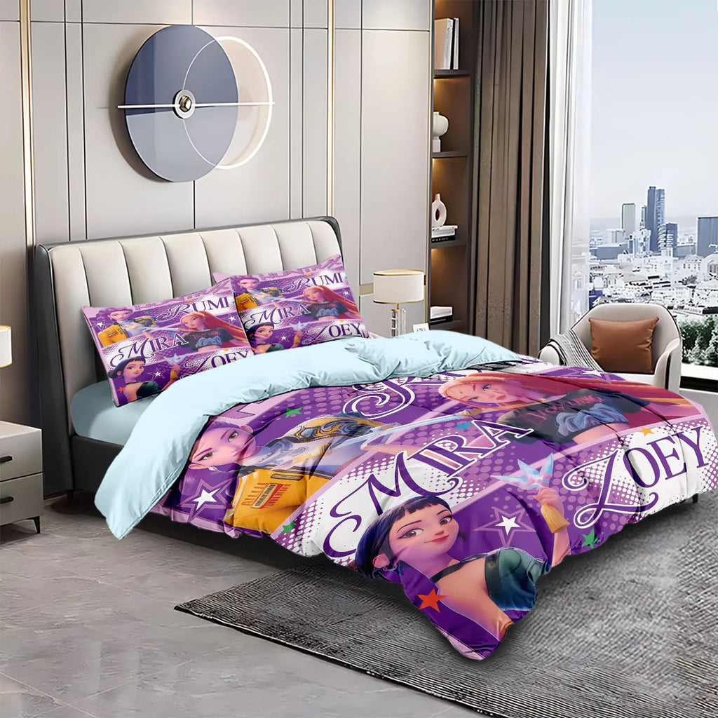 3-Piece K-Pop Cartoon Demon Hunters Girl Group Print Duvet Cover Set, Soft Microfiber, Machine Washable — Multiple Sizes 1.0–2.8m (39–110 in / 3.3–9 ft)
