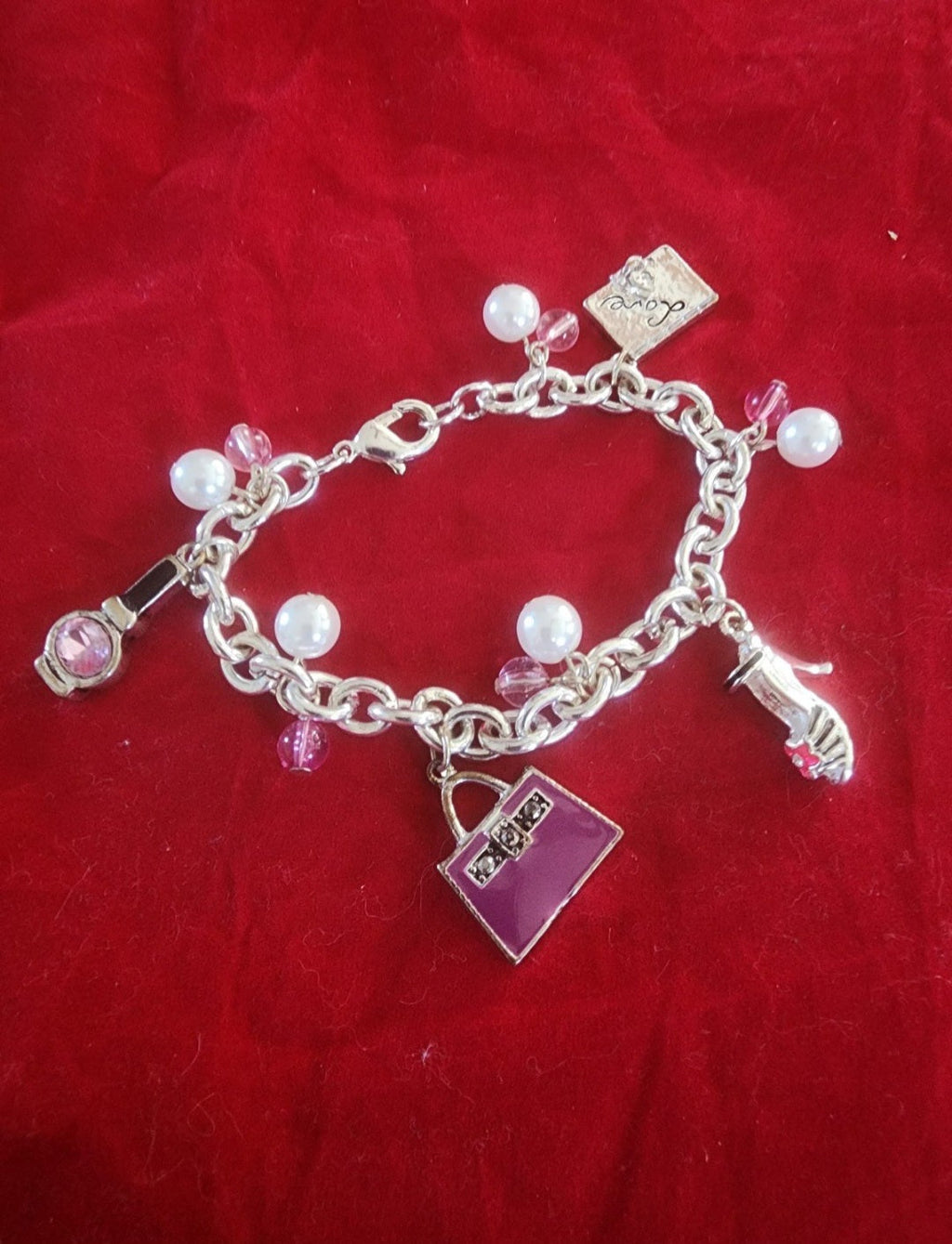 Silver Tone Charm Bracelet with pearl & Pink  beads and Charms