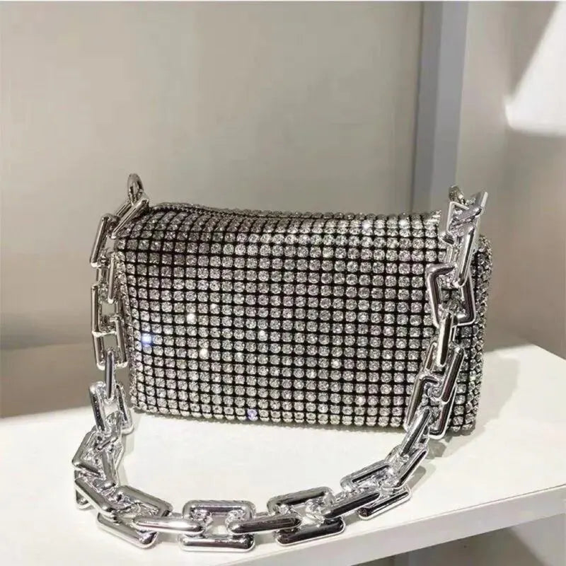 Allover Rhinestone Bucket Bag | Glitter Chain Prom Purse & Women's Mini Crossbody Bag (Sparkling Evening Handbag)