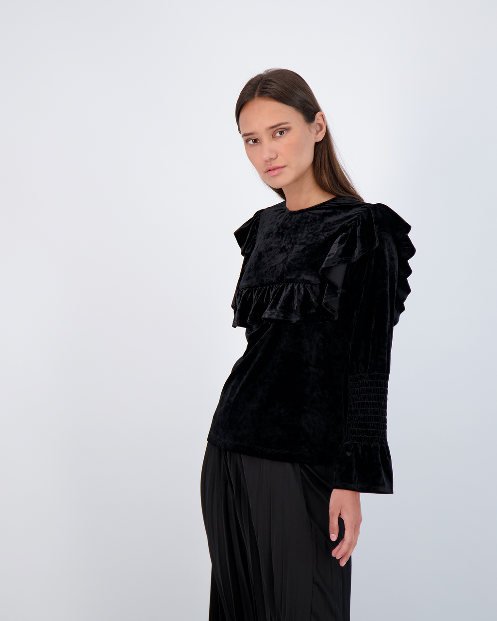 Smocked Sleeves Top With Ruffles